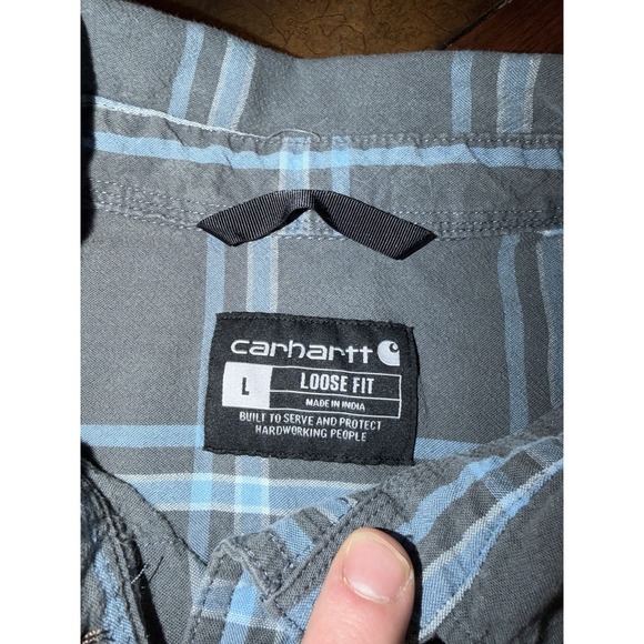 Vintage Carhartt Flannel Men's Large Gray Blue Loose Fit Cotton Plaid Work Shirt - Picture 5 of 8